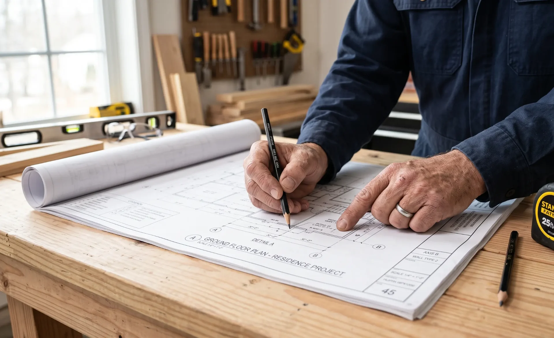 Matt Adams, owner of Due Diligence Contracting, reviewing project plans